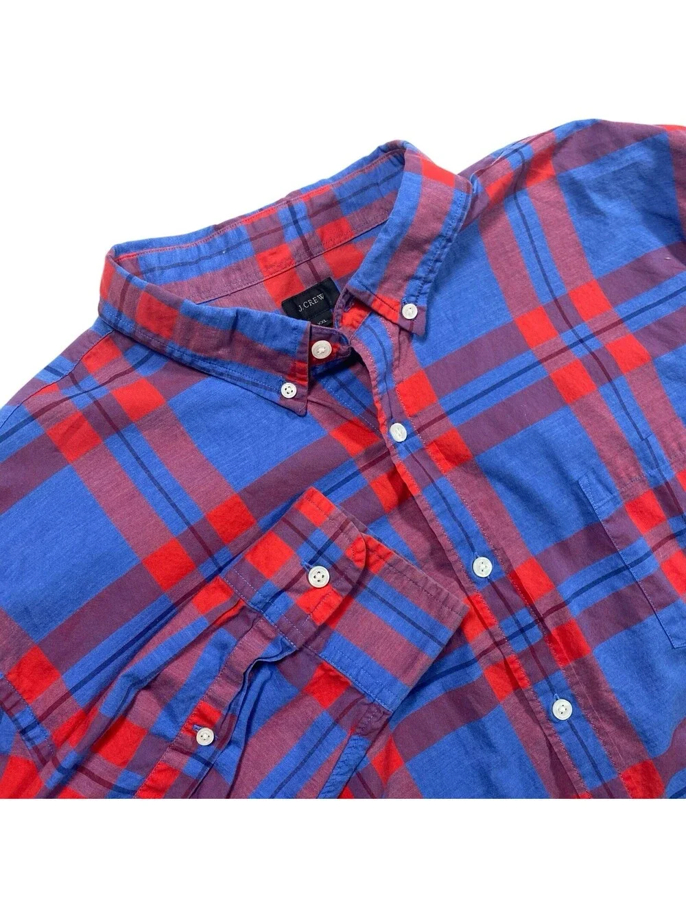 J.Crew Men's Blue and Red Plaid Long Sleeve Button-Down Shirt, Size XXL